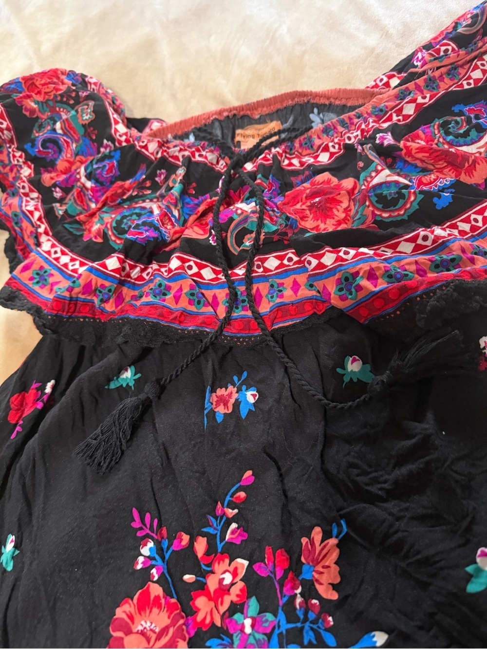 Flying Tomato Black Floral Off-Shoulder Mini Dress with Red & Blue Bouquet Small - Picture 2 of 3